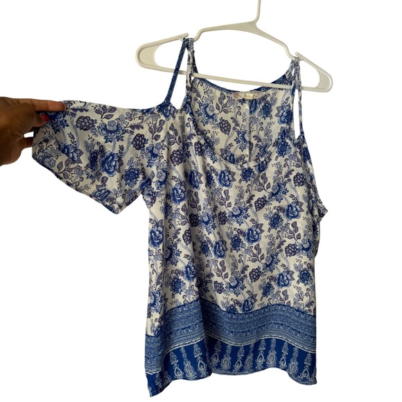 Pink Rose Vintage Blue White Floral Cold Shoulder Blouse XL Short Sleeve Boho - Picture 2 of 4